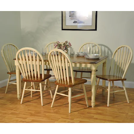36" x 60" Solid Oak Table and 7 Bow Back Side Chairs with Antique White Trim